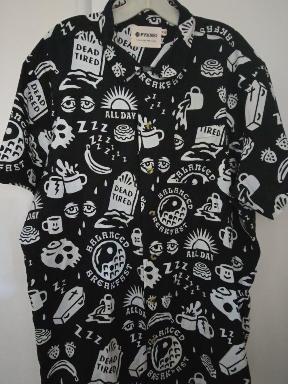 Pyknic Dead Tired All Over Print Button Up Shirt Mens 2XL Skull Coffee Goth